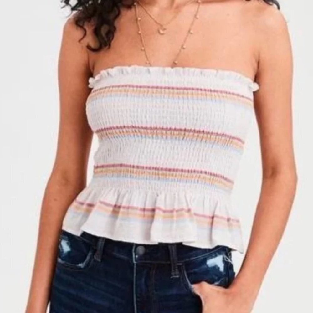 🦋 AMERICAN EAGLE Light Pink Multicolored Smocked Tube Top Stripe Small Boho